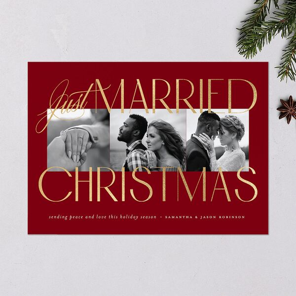 Just Married Christmas Holiday Cards Gold Jewel Red Signature Blank Standard Landscape