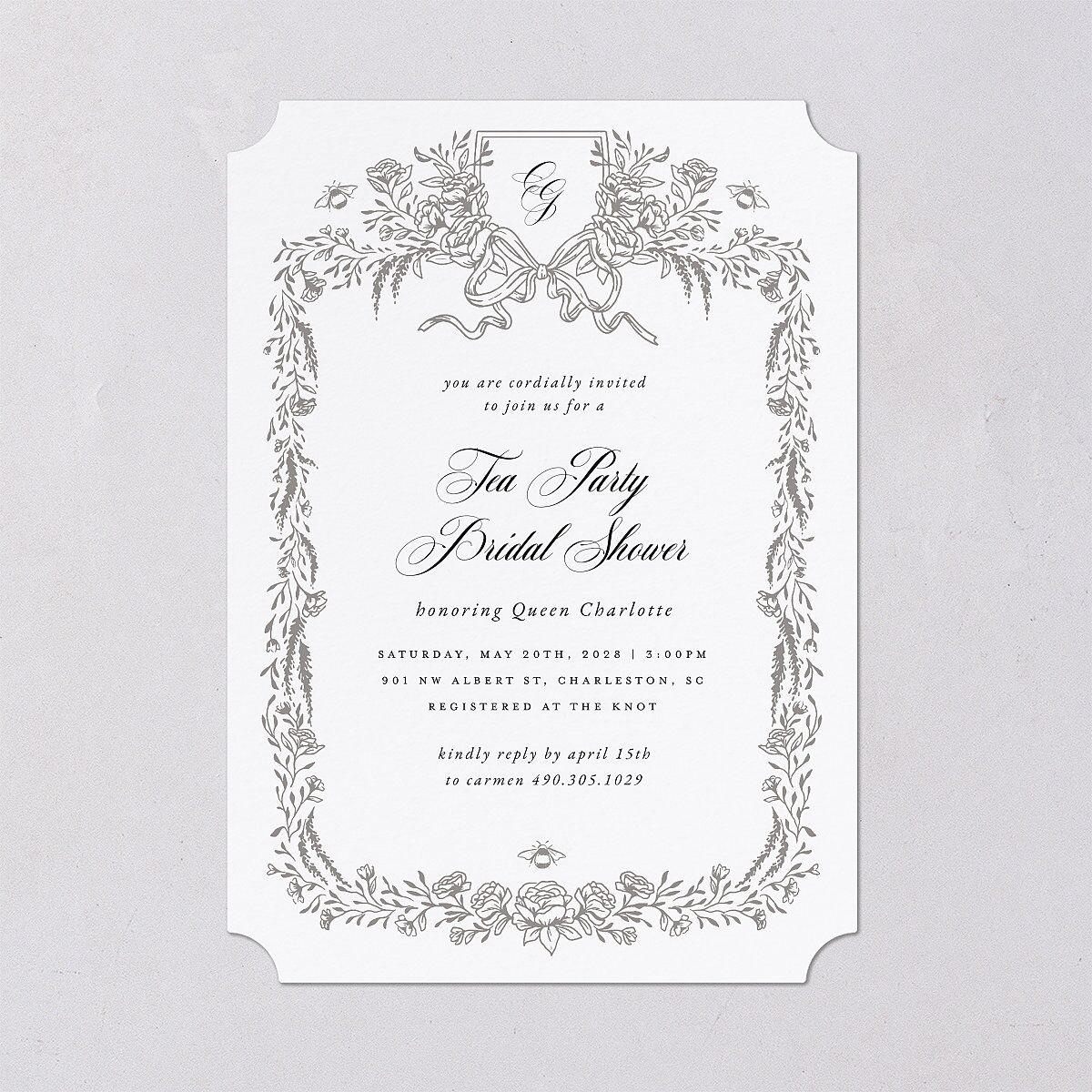 Rose Garden Crest Bridal Shower Invitations by Bridgerton Pure White Signature Blank