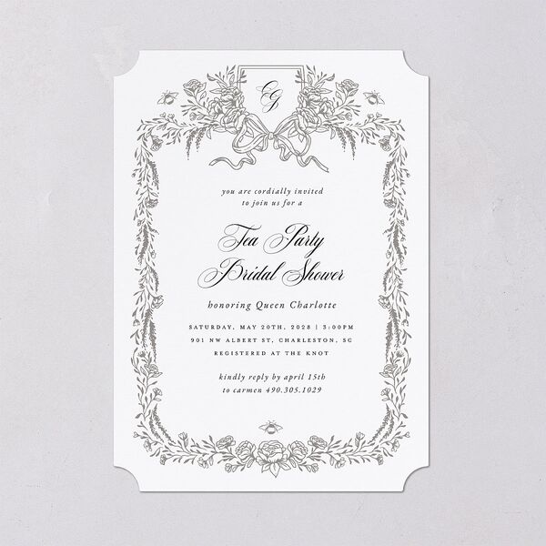 Rose Garden Crest Bridal Shower Invitations by Bridgerton Pure White Signature Blank