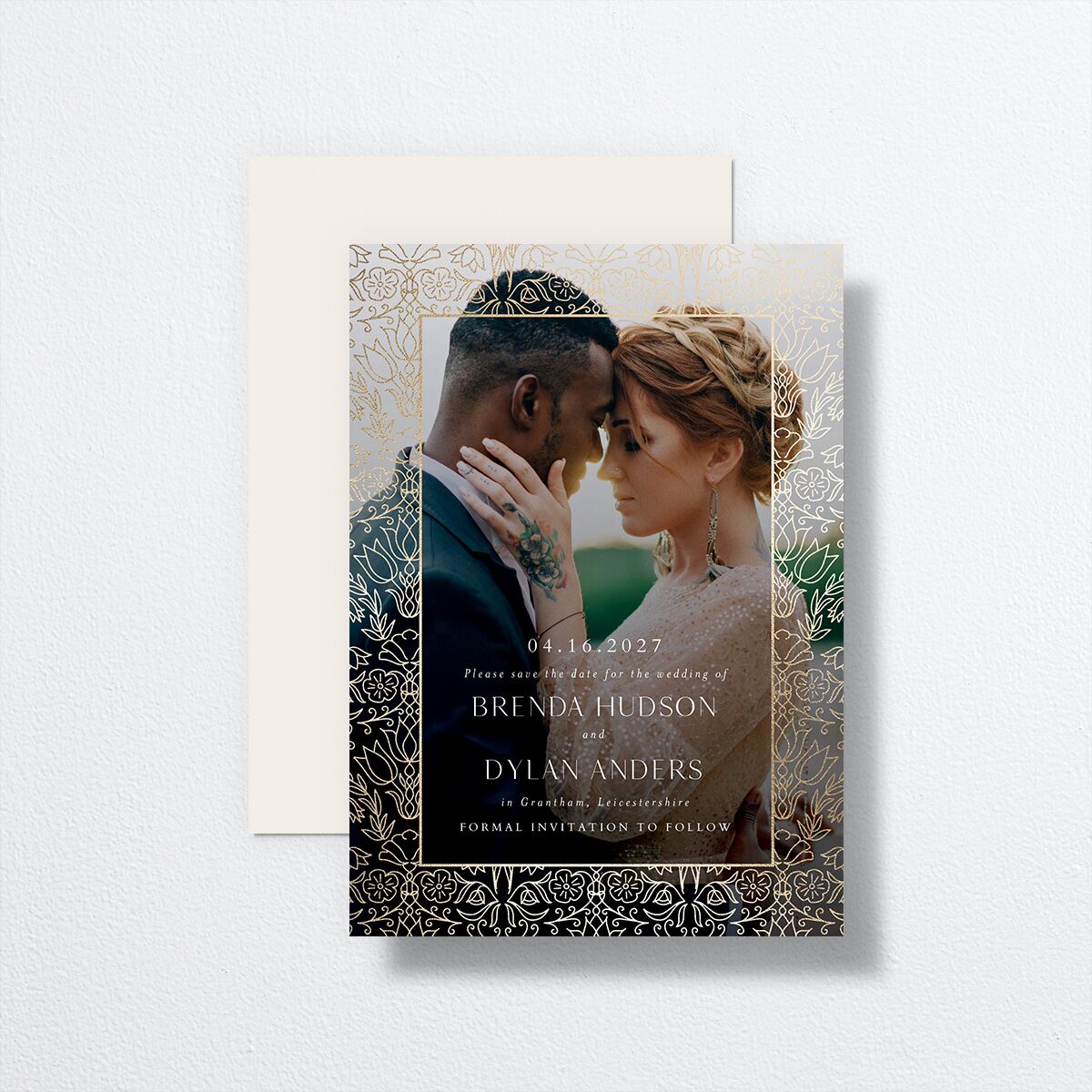 Ornate Regency Save the Date Cards Gold Bisque Signature smooth No