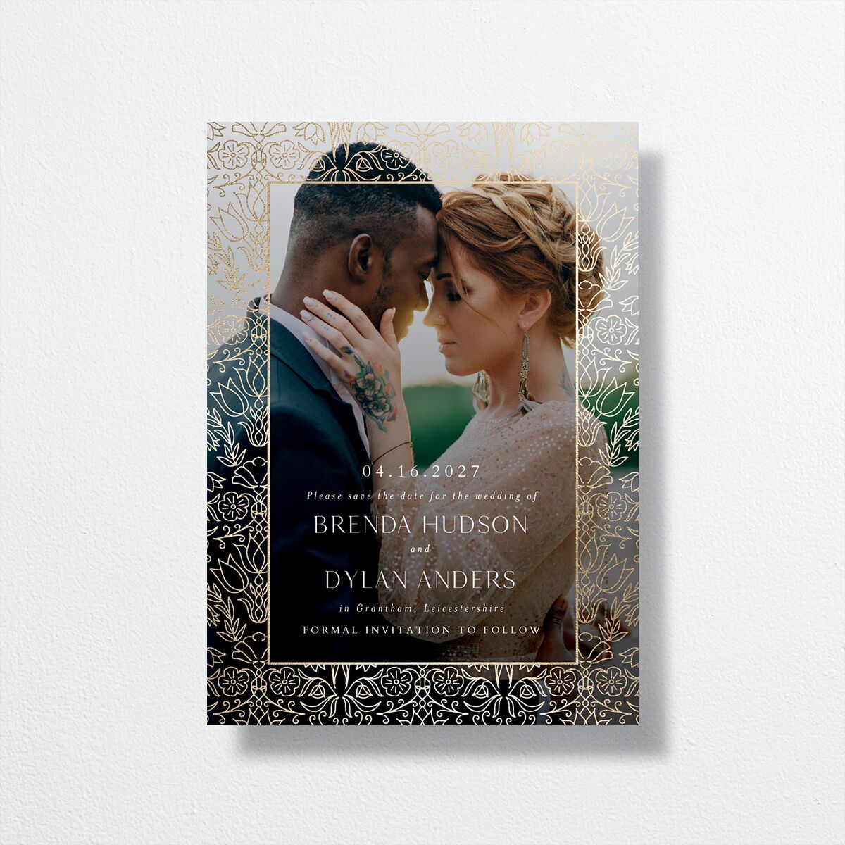 Ornate Regency Save the Date Cards Gold Bisque Signature smooth No