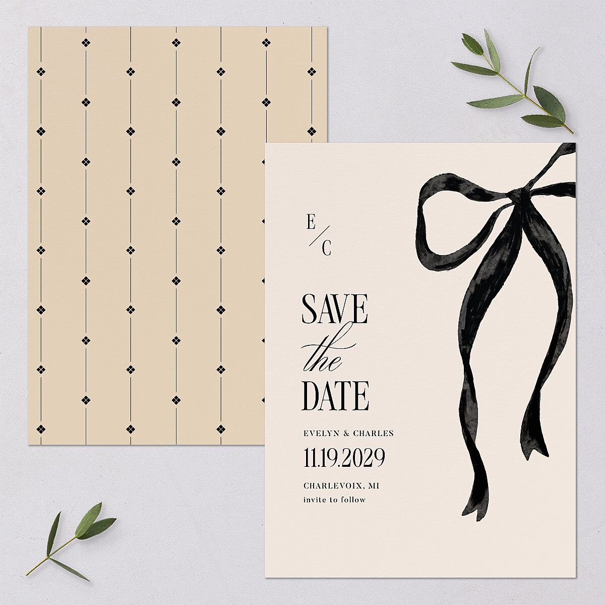 Whimsical Hand Drawn Bow Save the Date Cards Linen Signature smooth Blank No Standard
