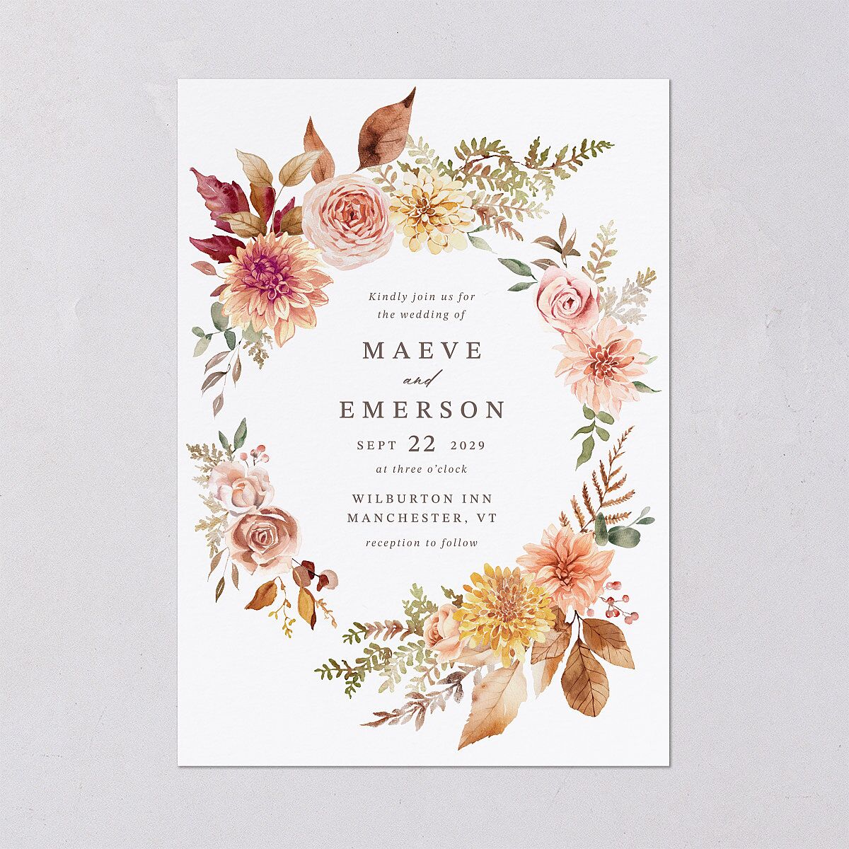 Elegant Botanical Autumn Floral Wedding Invitations Soft Peach Signature Blank No Standard