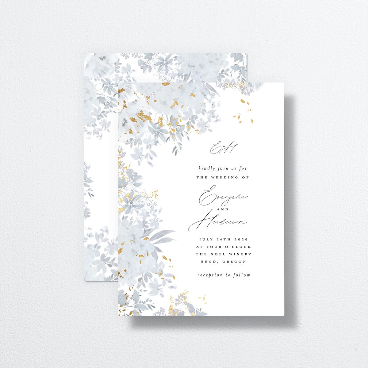 Monochrome Blooms Wedding Invitations front-and-back in blue