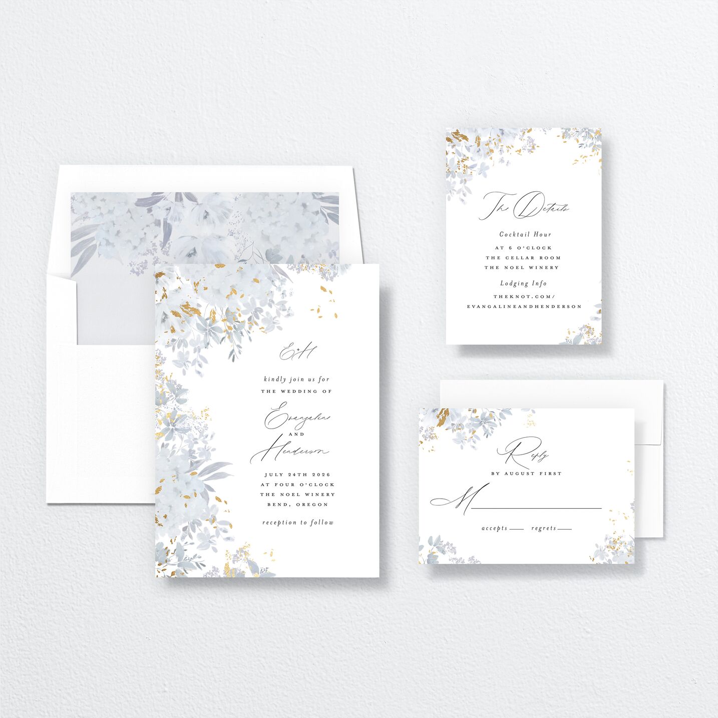 Monochrome Blooms Wedding Invitations suite in blue