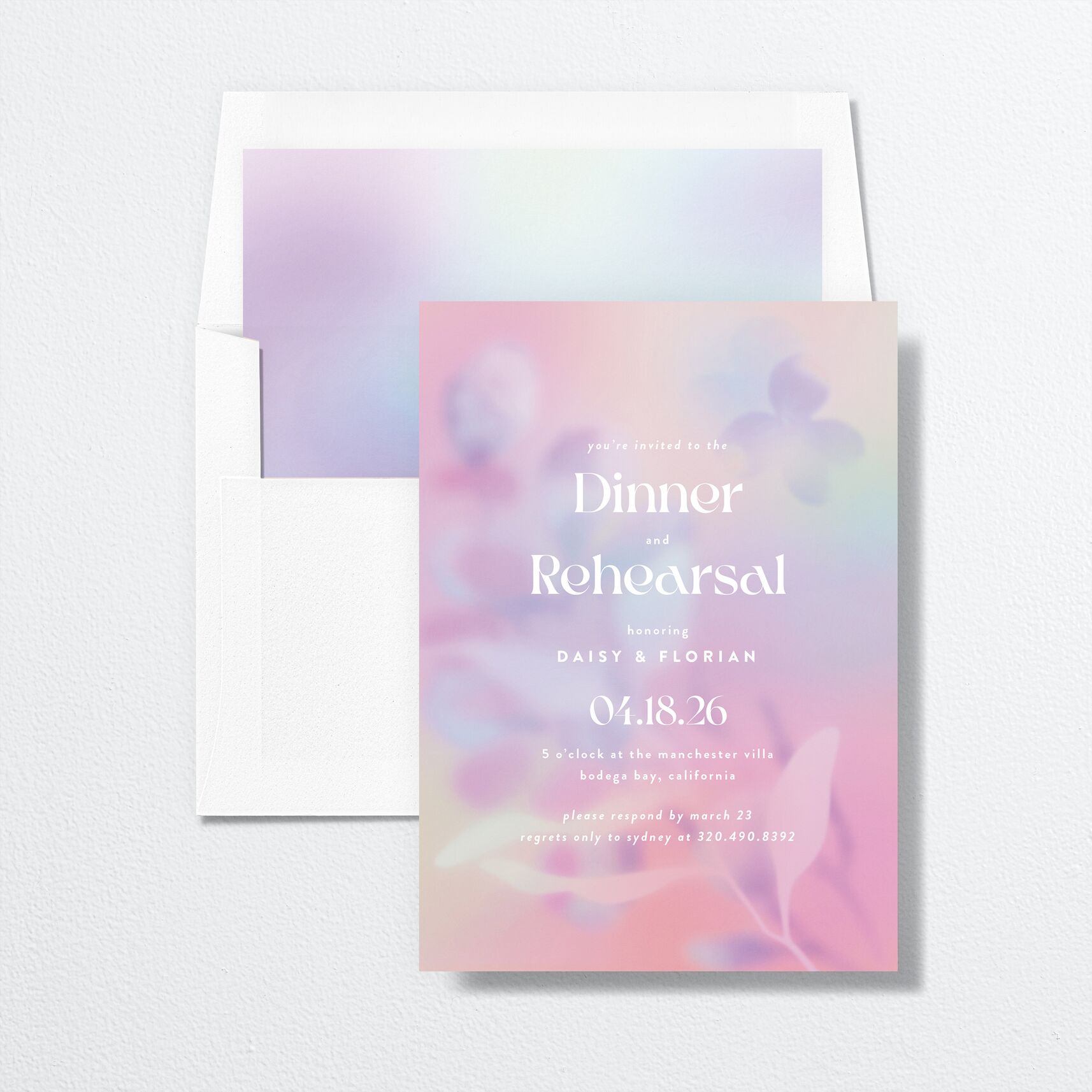 Ethereal Blur Rehearsal Dinner Invitations envelope-and-liner in pink