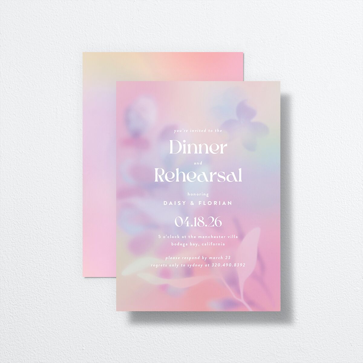 Ethereal Blur Rehearsal Dinner Invitations front-and-back in pink