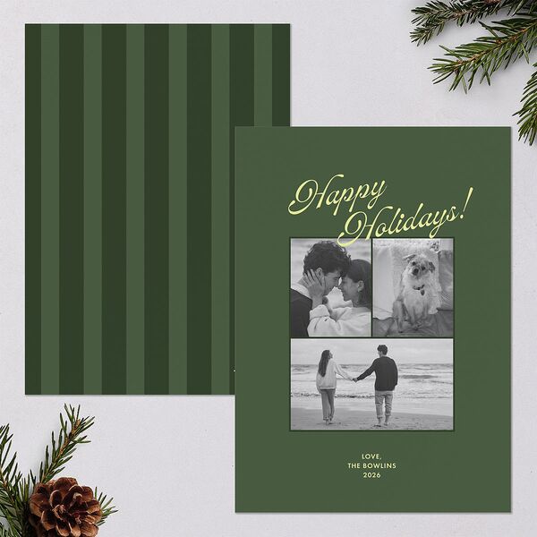 Retro Minimalist Photo Triad Holiday Cards Scottish Green Signature Blank Standard