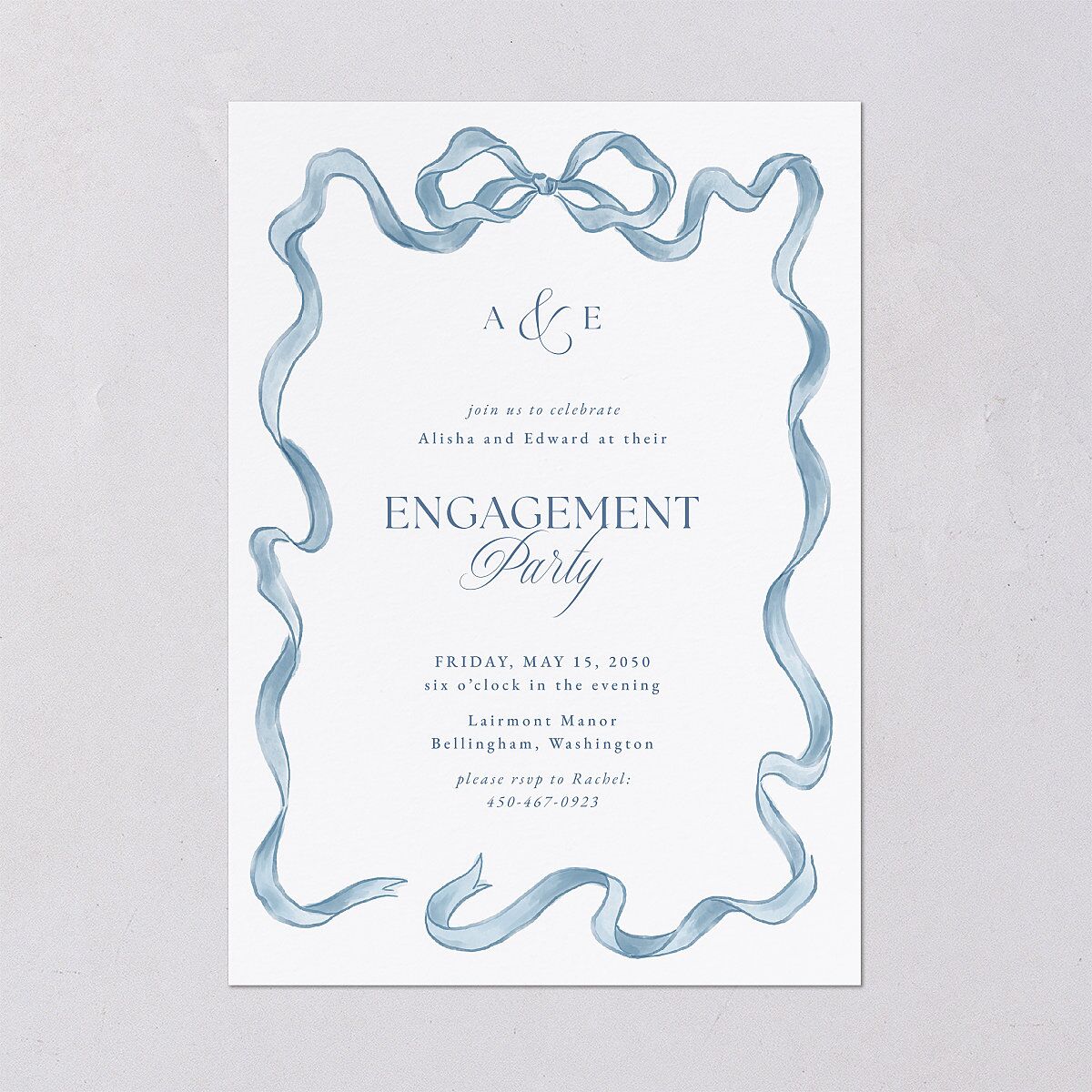Vintage Bow Engagement Party Invitations Regency Blue Signature Blank Standard