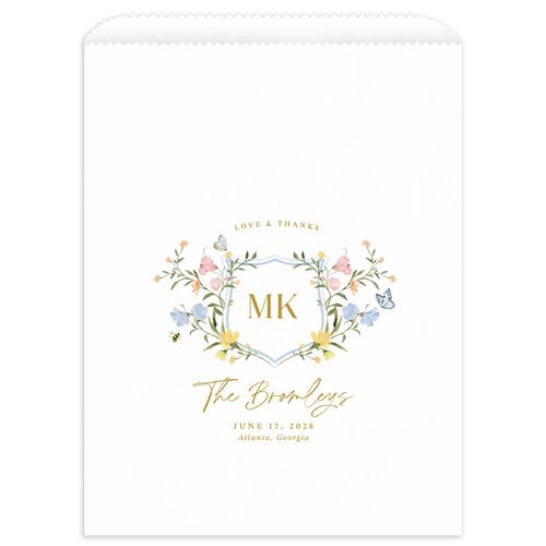 Fairytale Wildflower Crest Wedding Day Paper Favor Bags White Daffodil Wax-Lined Food Safe Paper