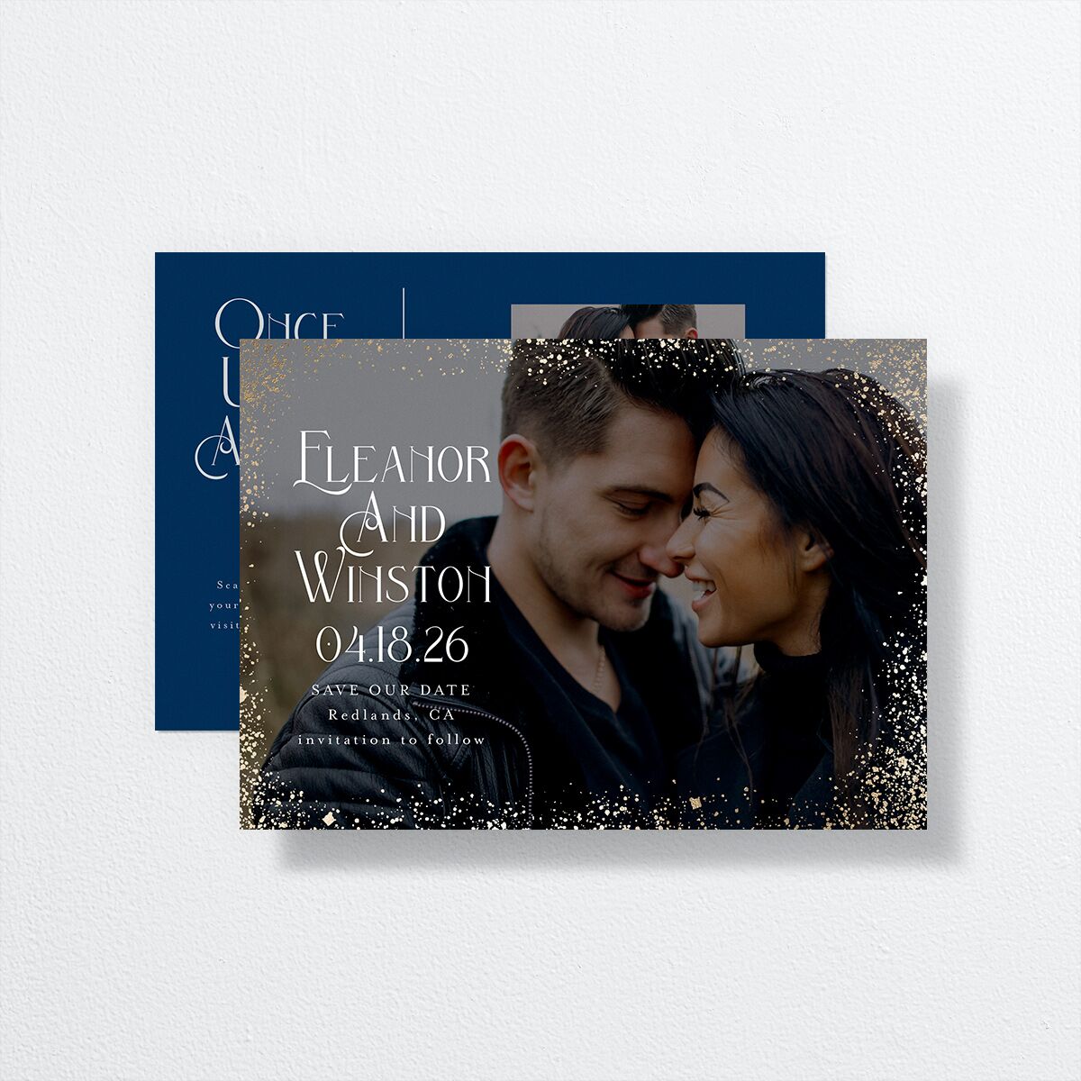 Be Our Guest Save the Date Cards front-and-back in Blue