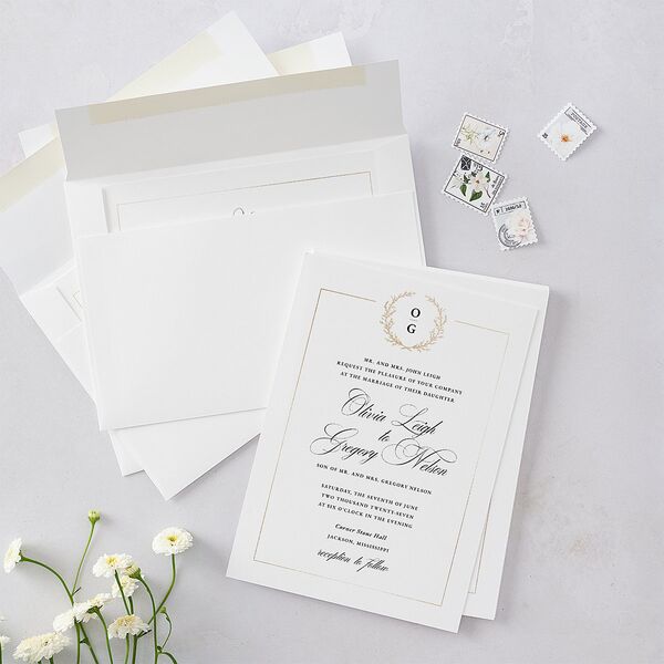 Gilded Wreath Wedding Invitations Gold Pure White Signature Blank No Standard