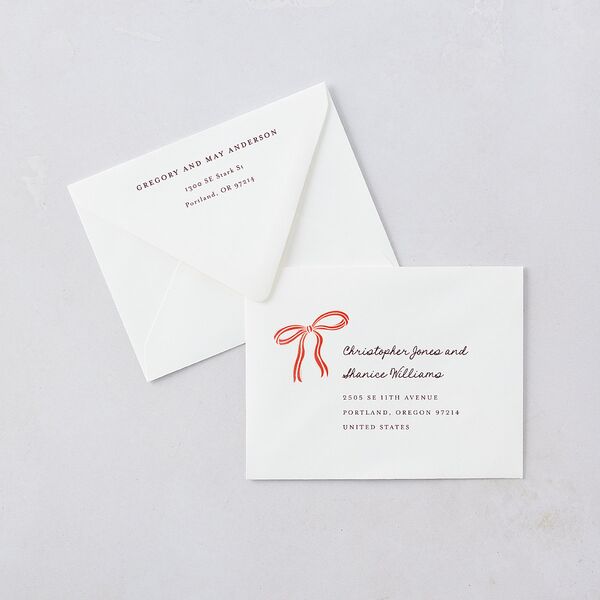 Striped Bow Photo Thank You Card Euro Envelopes White Ruby Both Recipient and Return Addresses Luxe Signature