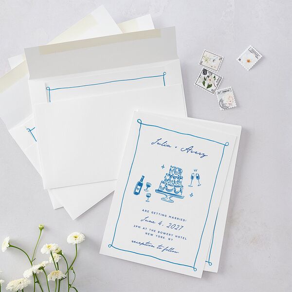 Hand Drawn Cake Wedding Invitations French Blue Signature Blank No