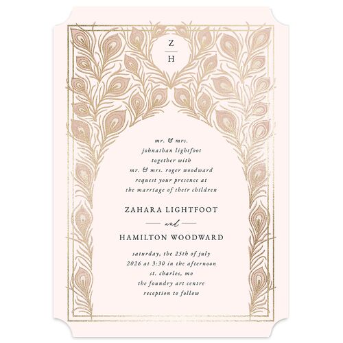 Peacock Nouveau Wedding Invitations Gold Dusty Rose Signature Blank No Ticket