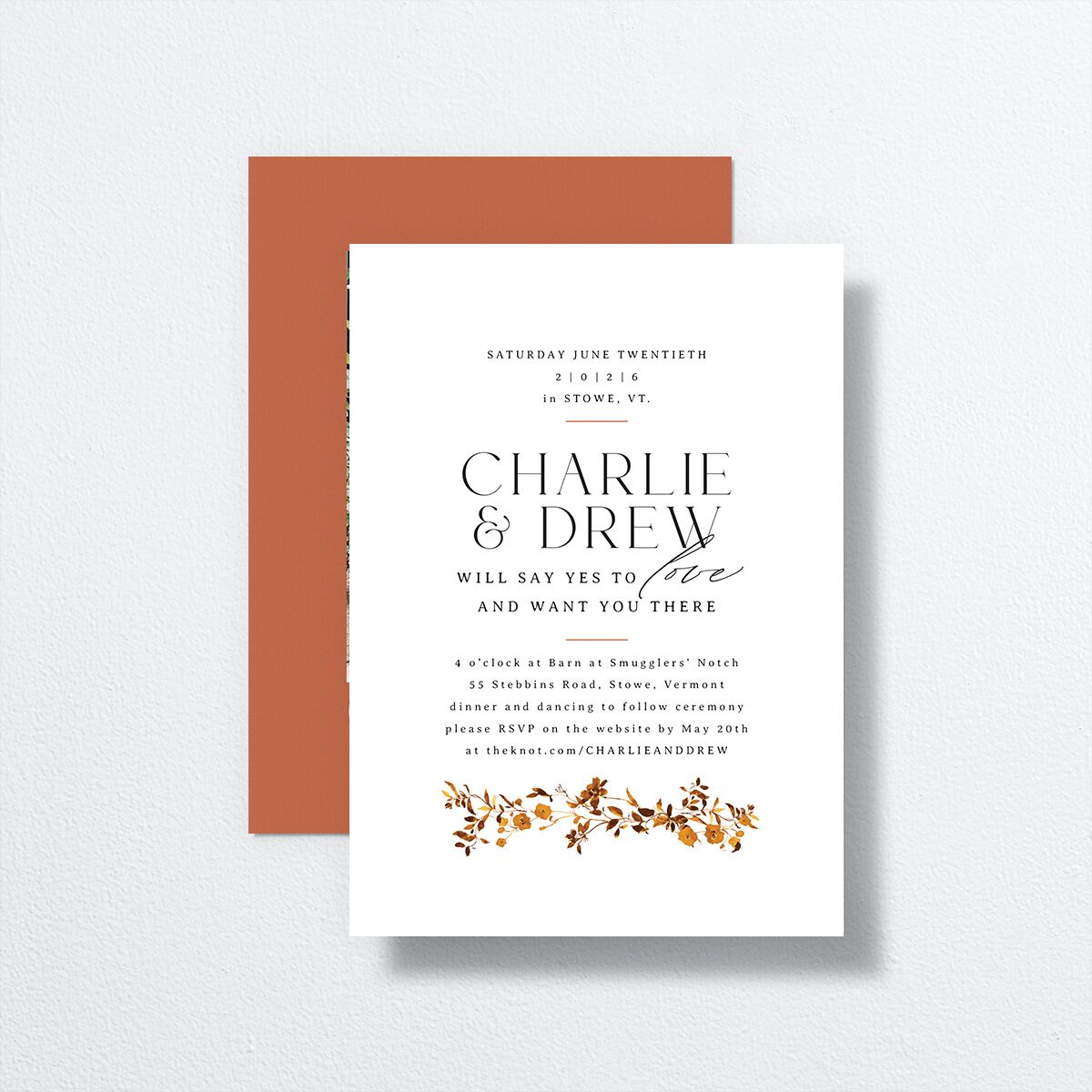 Simple Vine Wedding Invitations front-and-back in orange