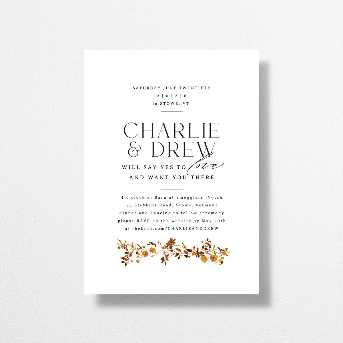 Simple Vine Wedding Invitations front in orange