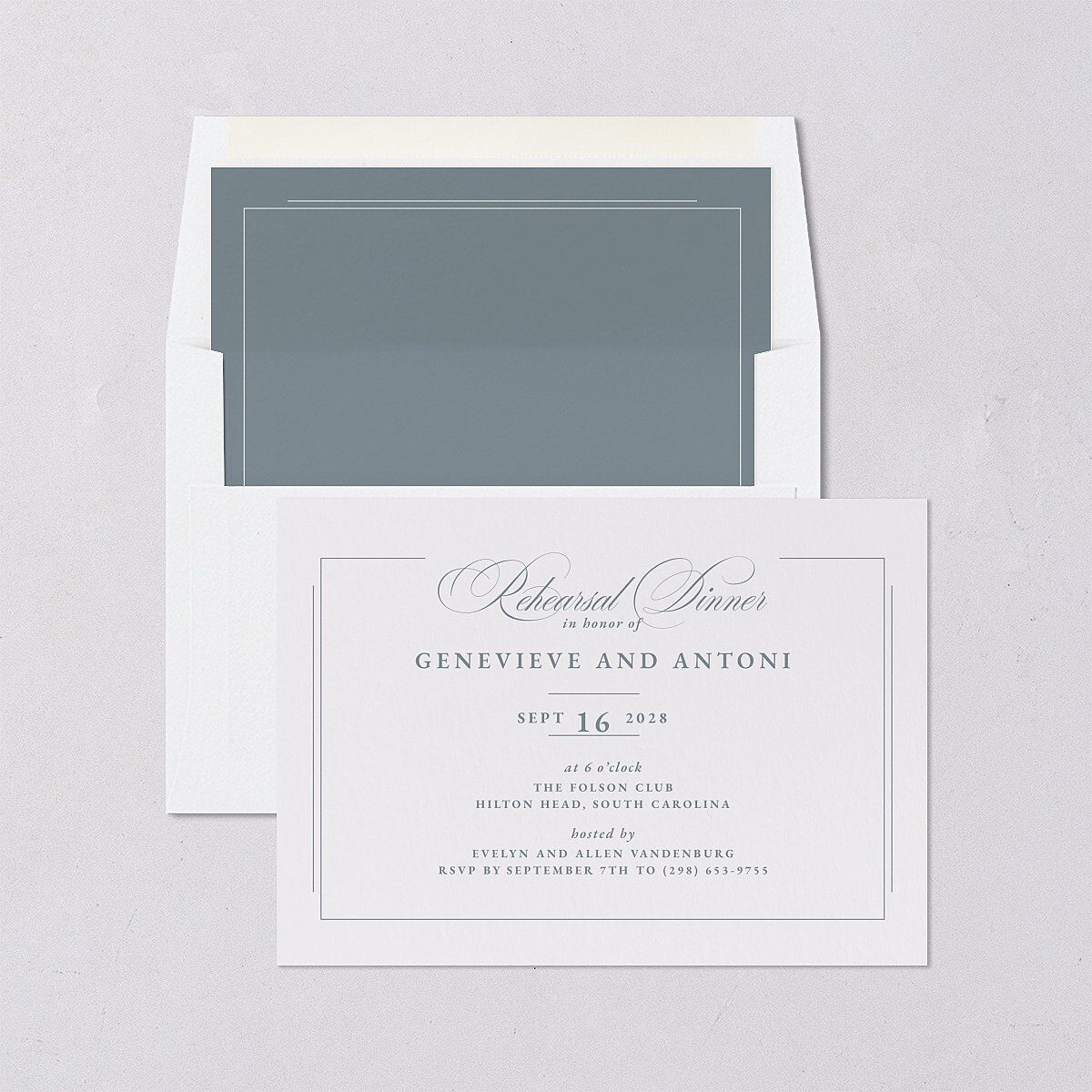 Elegant Photograph Rehearsal Dinner Invitations Dusty Blue Signature Blank Standard