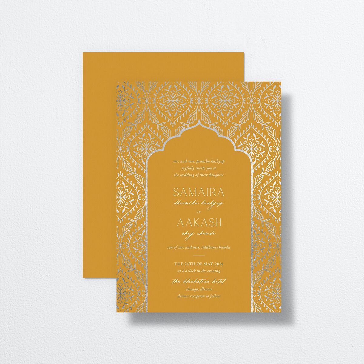 Gilded Lehenga Wedding Invitations front-and-back in gold