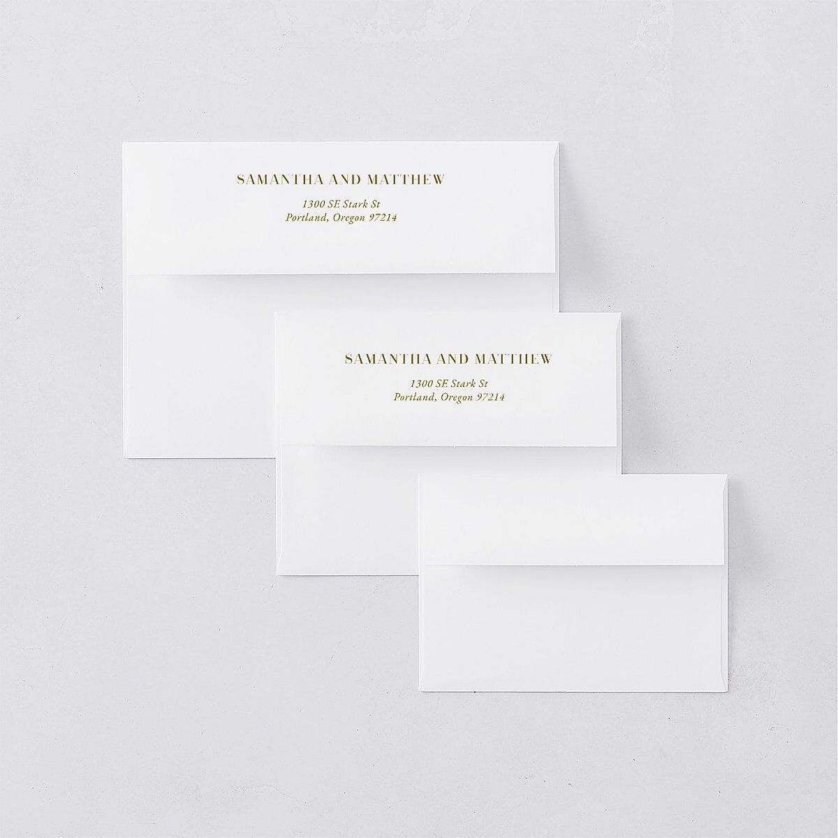 Ornate Vintage Crest Wedding Invitation Envelopes White Umber Both Recipient and Return Addresses Standard Signature