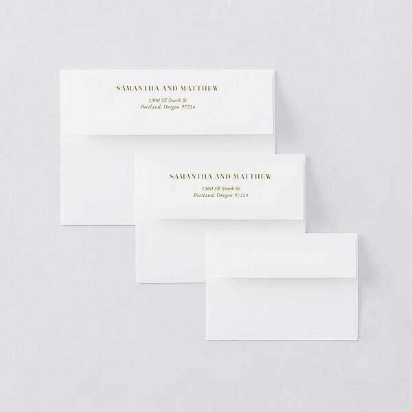 Ornate Vintage Crest Wedding Invitation Envelopes White Umber Both Recipient and Return Addresses Standard Signature