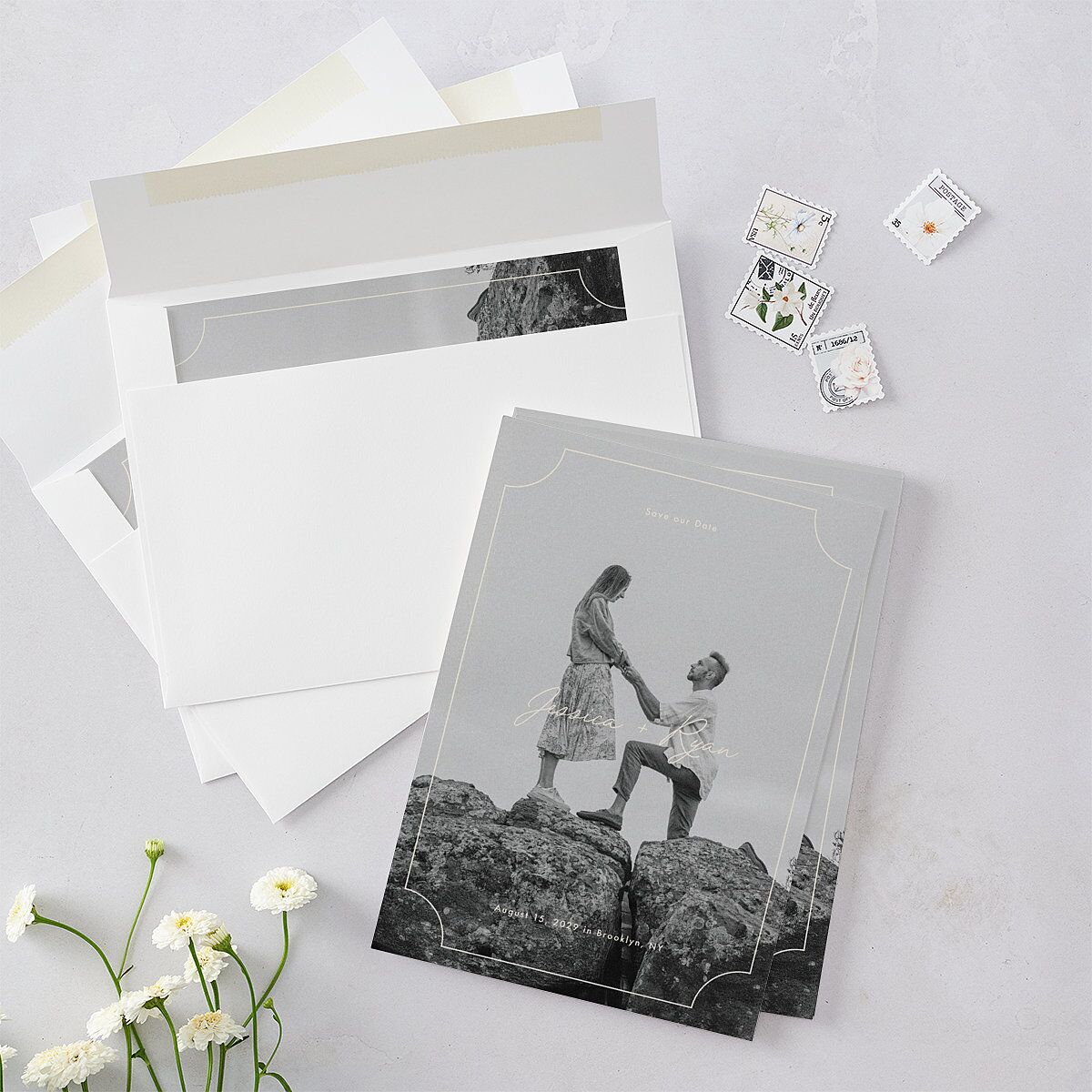 Ticket Frame Border Save the Date Cards Linen Signature smooth Blank Standard