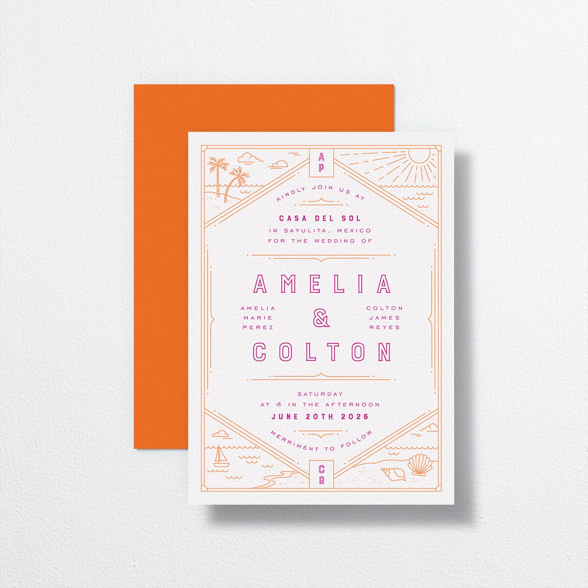 Iconic Beach Wedding Invitations front-and-back in orange