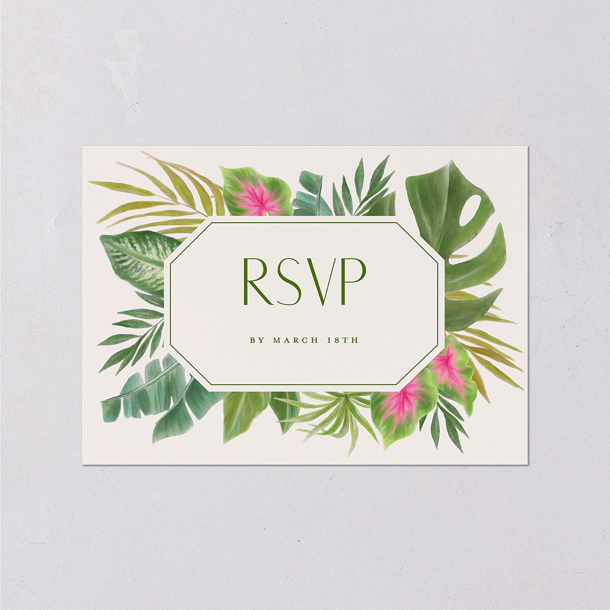 Hawaiian Tropical Monstera Frame Wedding Response Cards Scottish Green Signature Standard