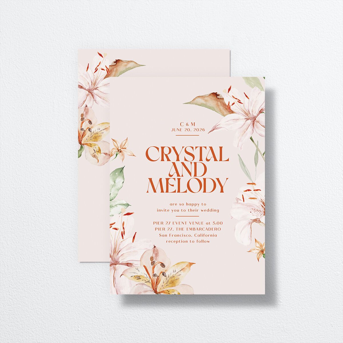 Tropical Lilies Wedding Invitations front-and-back in orange