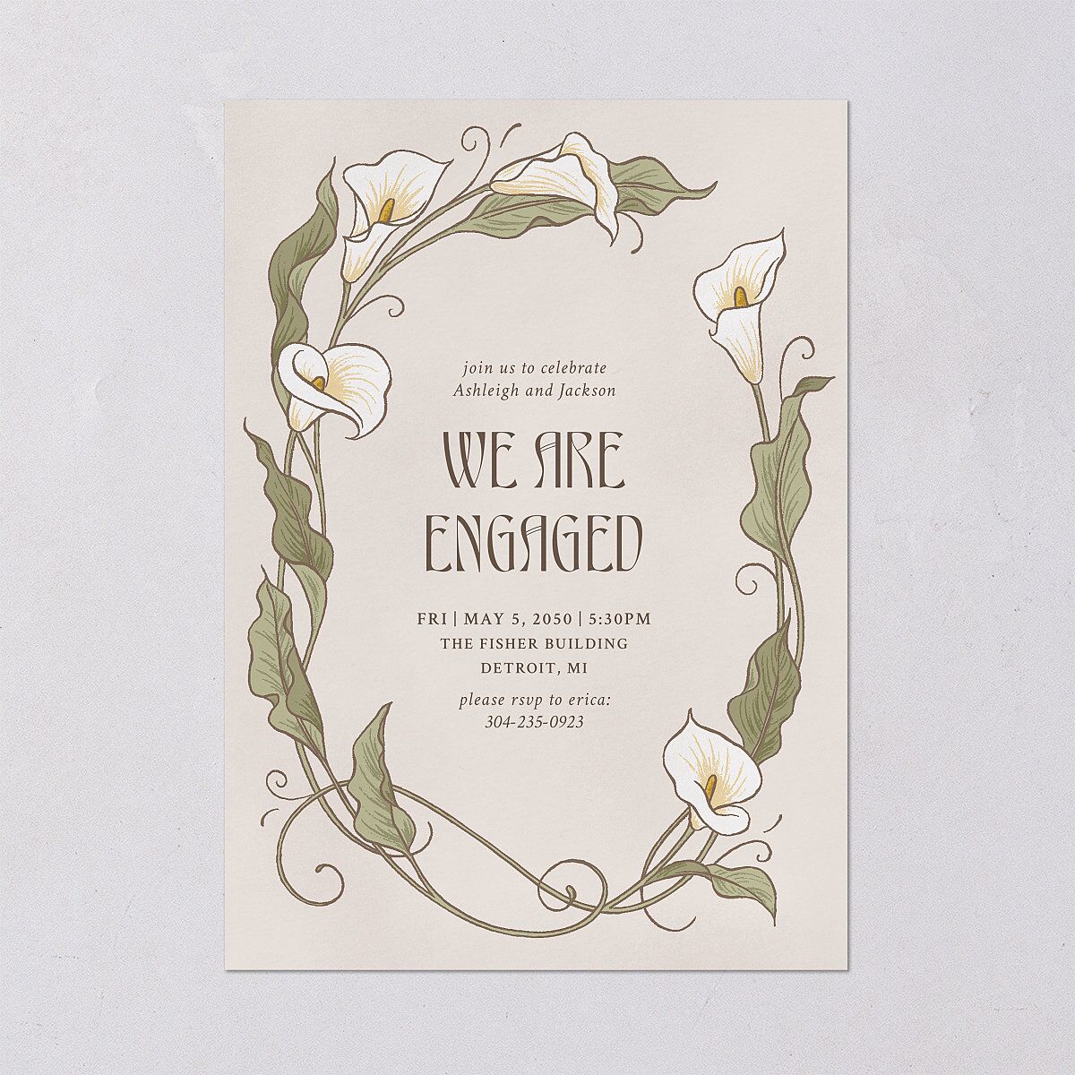 Calla Lily Nouveau Engagement Party Invitations Champagne Signature Blank Standard
