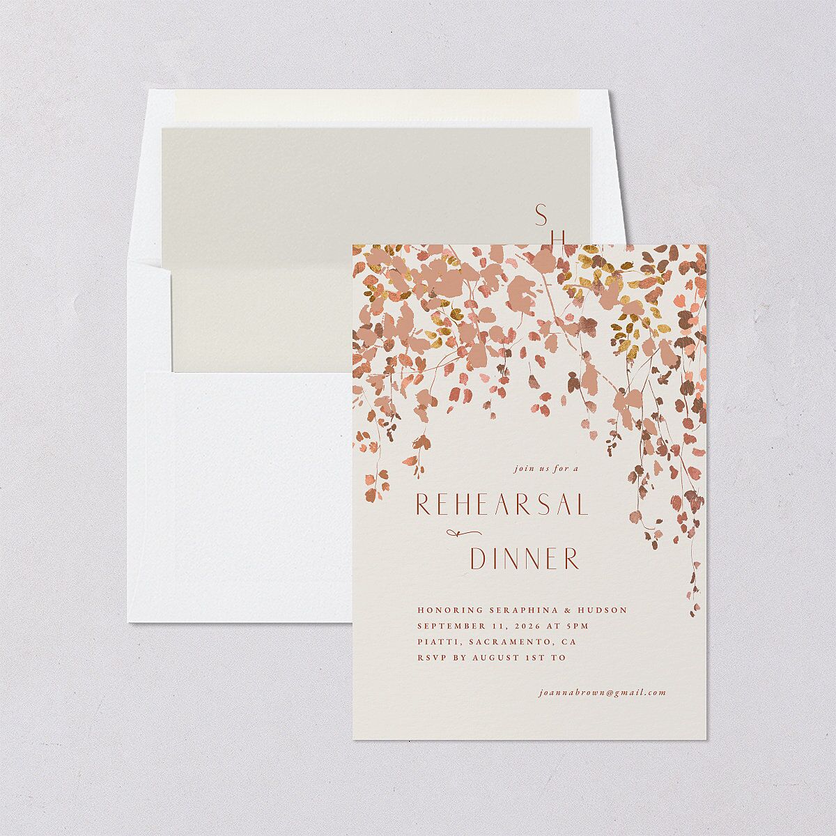 Cascading Florals Rehearsal Dinner Invitations Copper Signature Blank