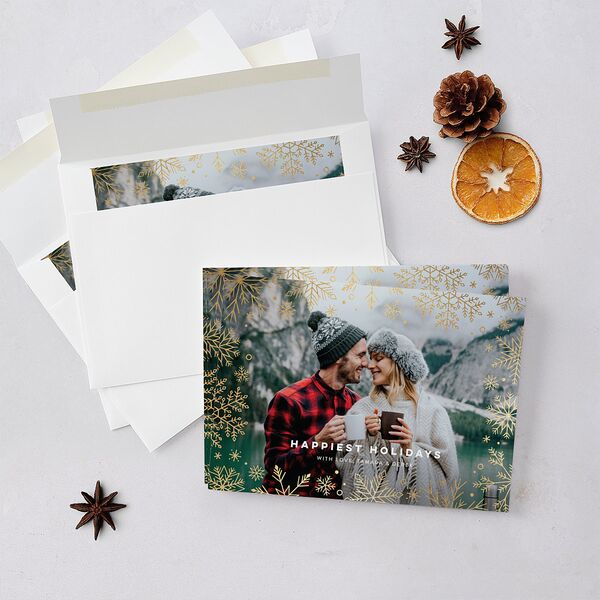 Snowflake Window Holiday Cards Gold Moody Blue Signature Blank Standard Landscape