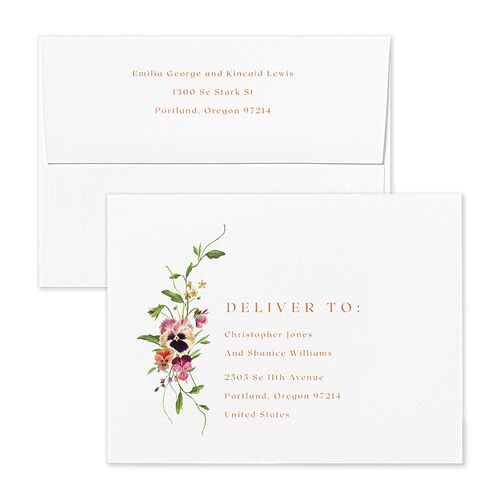 Wild Pansies Save the Date Magnet Envelopes White Raw Sienna Both Recipient and Return Addresses Signature Standard