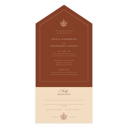 Simple Rustic Fall Leaf All-in-One Wedding Invitations Burnt Orange Signature Light Both Recipient and Return Addresses No