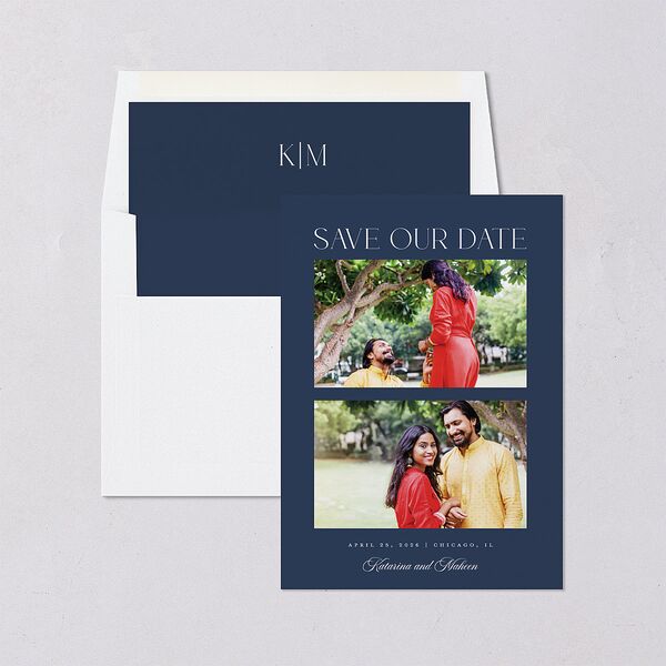 Ornate Threshold Save The Date Cards Moody Blue Signature smooth Blank No Standard