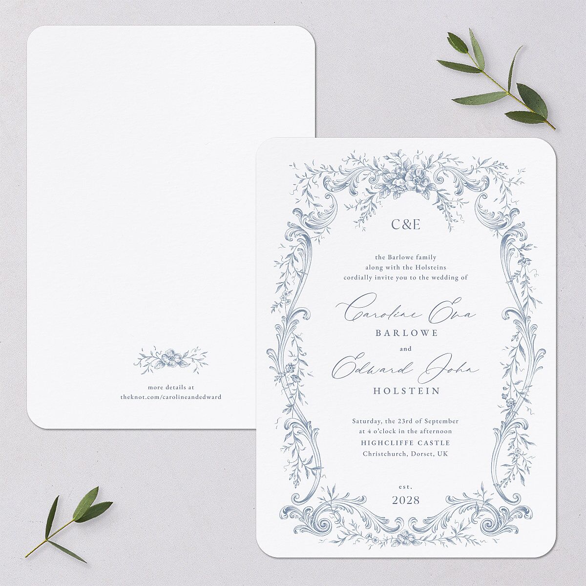 Antique Victorian Botanical Wedding Invitations Dusty Blue Signature Blank No Rounded