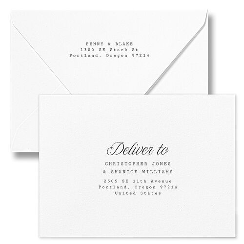 Vintage Script Wedding Invitation Euro Envelopes White Pure White Both Recipient and Return Addresses Luxe Signature