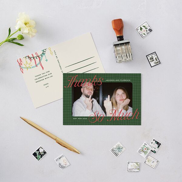Happy Holidays Grid Pattern Photo Thank You Postcards Hunter Green