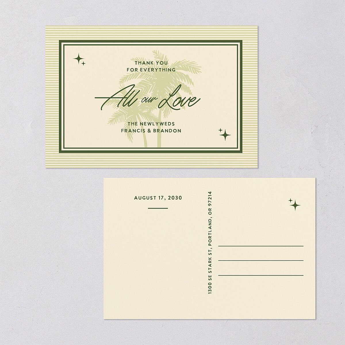 Retro Tropical Destination Thank You Postcards Pear