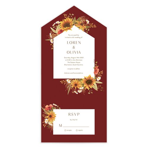 Sweet Sunflowers All-in-One Wedding Invitations Maroon Signature Light Both Recipient and Return Addresses No