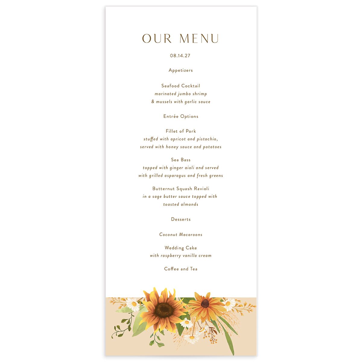 Sweet Sunflowers Menus