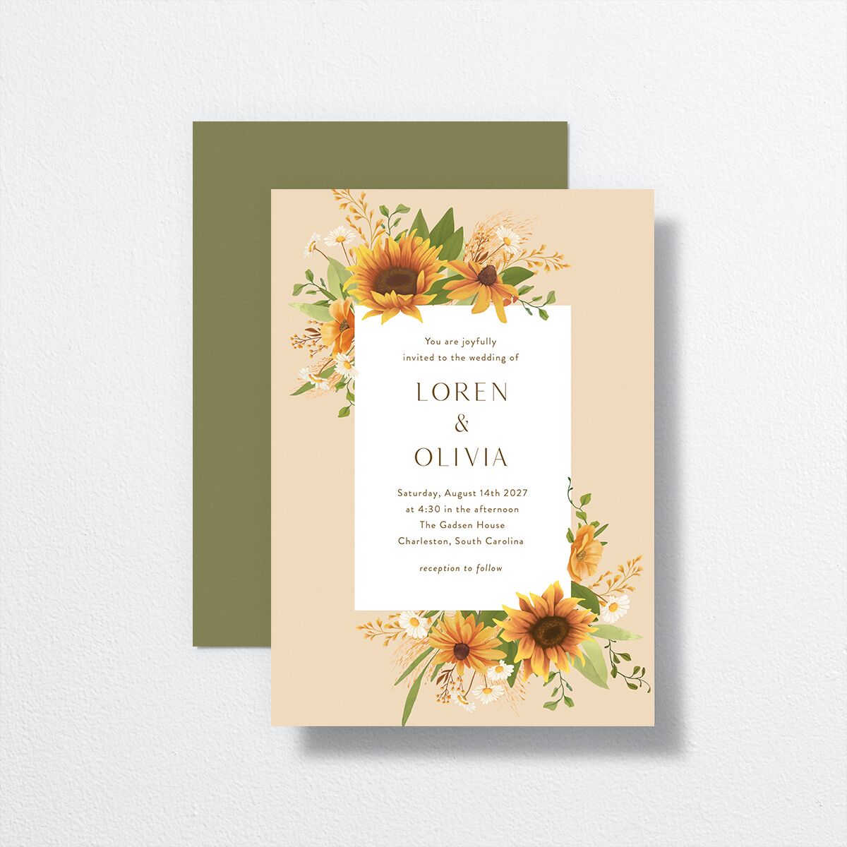 Sweet Sunflowers Wedding Invitations front-and-back in yellow