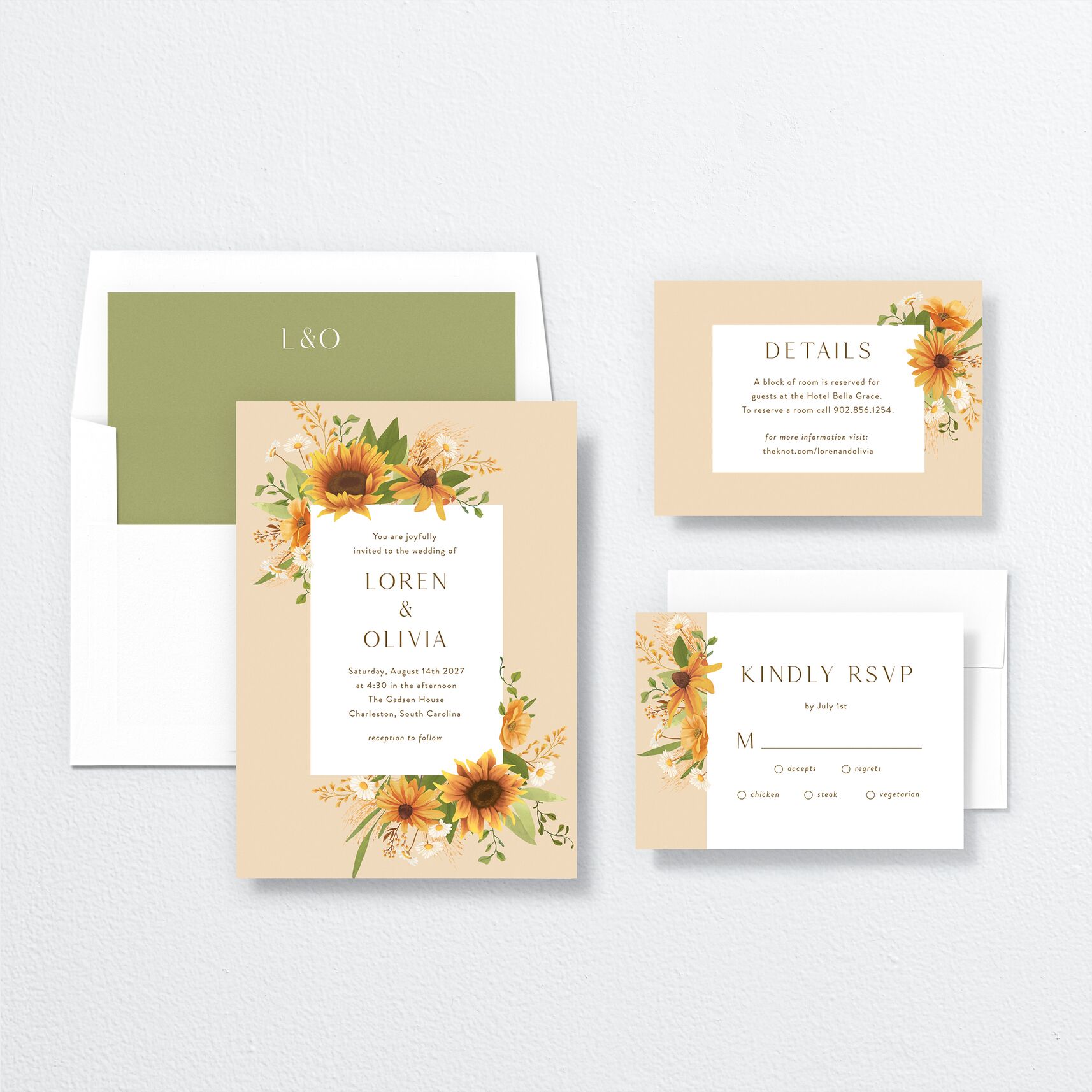 Sweet Sunflowers Wedding Invitations suite in yellow