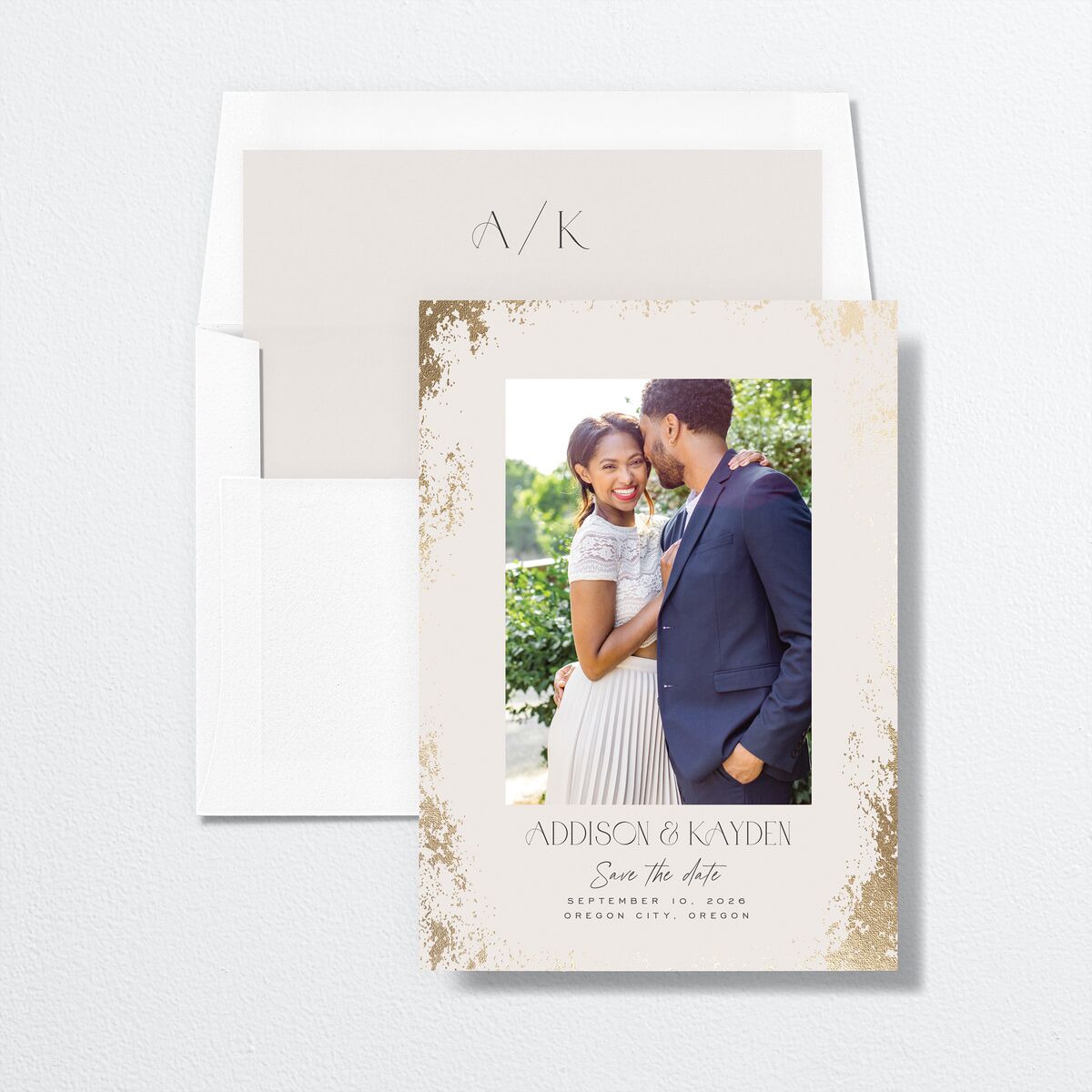 Metallic Edge Save the Date Cards Gold Champagne Signature smooth No