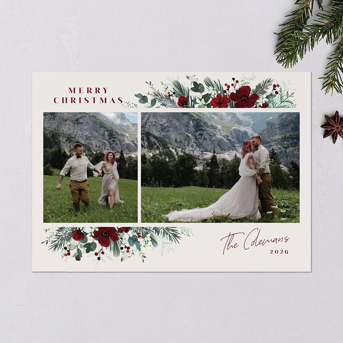 Holiday Floral Holiday Cards Maroon Signature Blank Landscape Standard