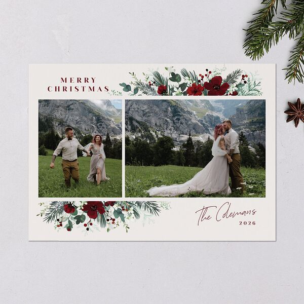 Holiday Floral Holiday Cards Maroon Signature Blank Landscape Standard