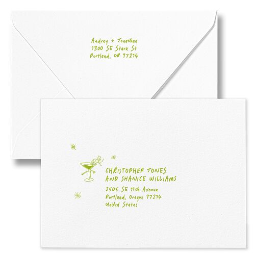 Whimsical Dancing Cocktails Engagement Party Invitation Euro Envelopes White Pear Both Recipient and Return Addresses Luxe Signature
