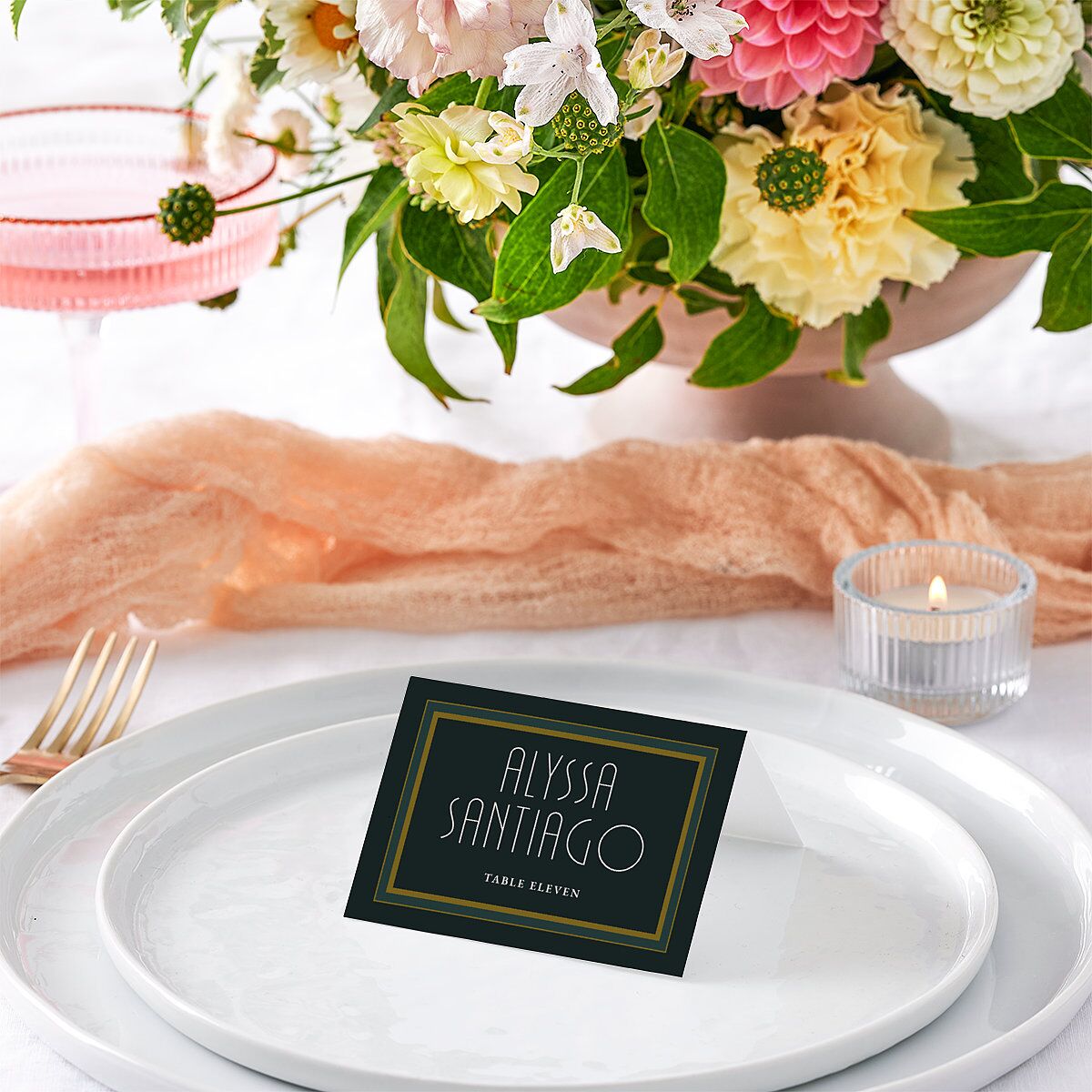 Gatsby Deco Arch Place Cards Dark Emerald Signature