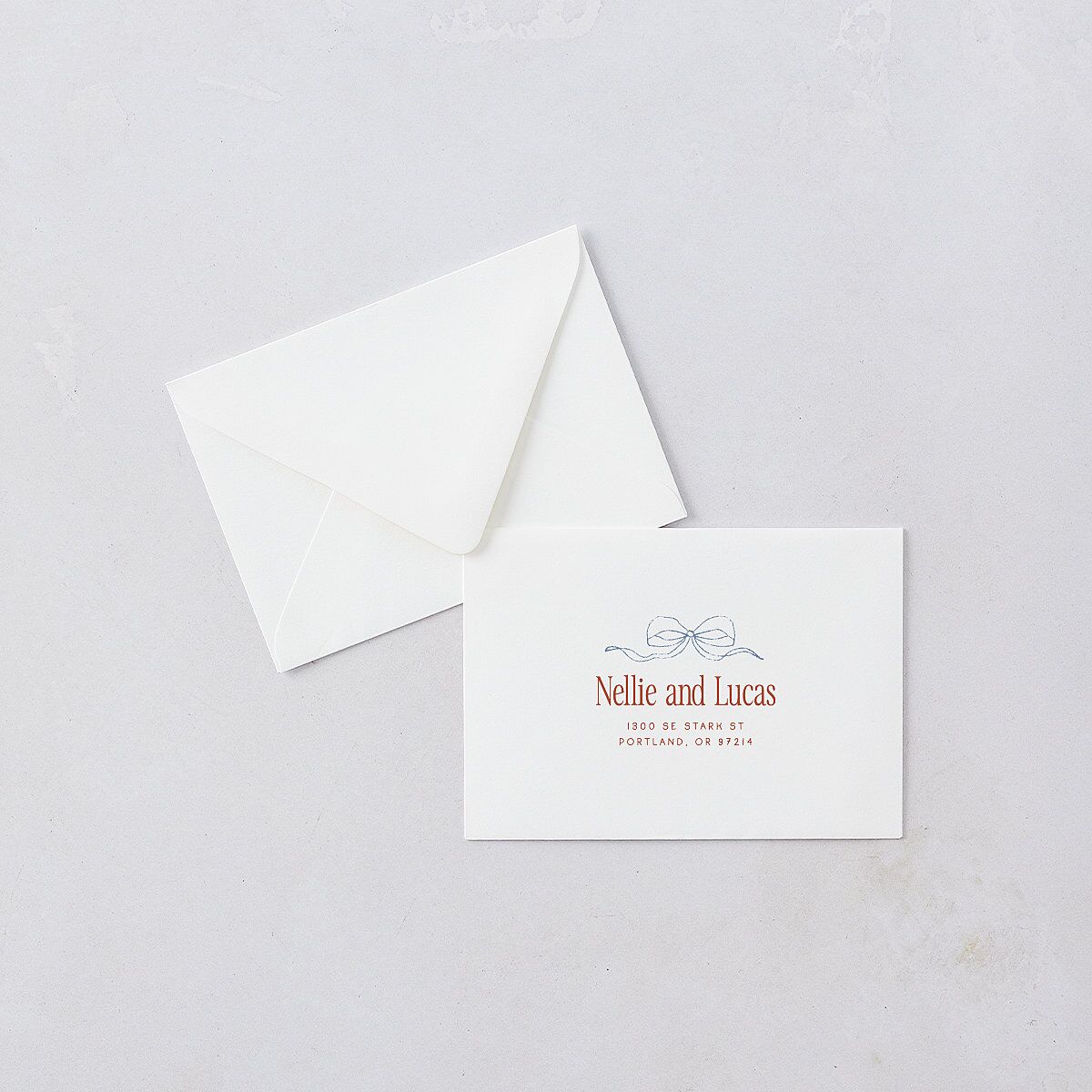 Modern Delicate Bows Response Card Euro Envelopes Jewel Red White Return Address Luxe