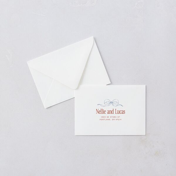 Modern Delicate Bows Response Card Euro Envelopes Jewel Red White Return Address Luxe